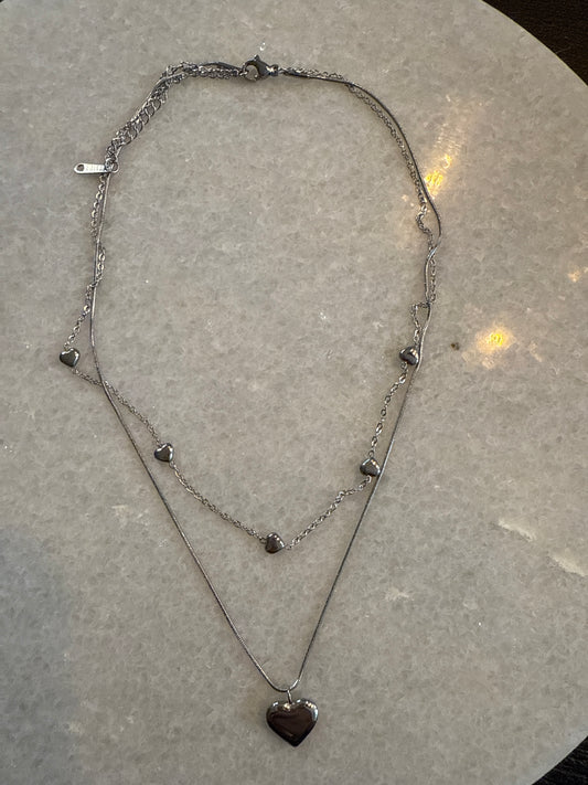 Ketting double chain hart zilver